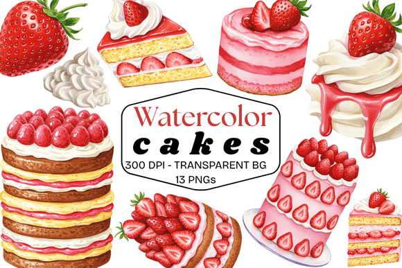 Download Watercolor Strawberry Cakes - Berry Collection